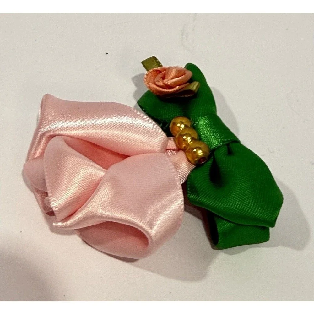 Handmade Satin Rose Hair Clip Pink Flower Green Bow Romantic Cottagecore 2.5 In